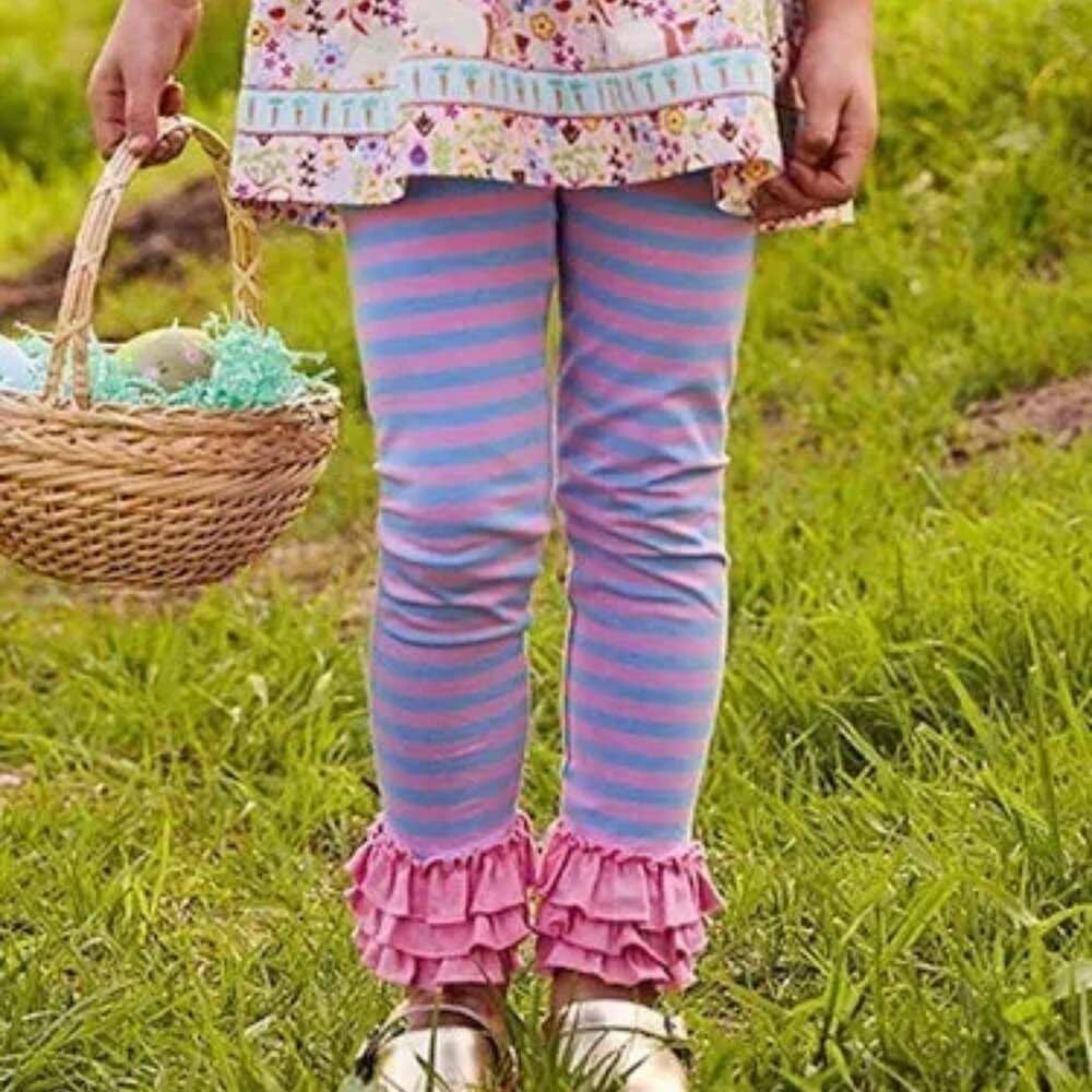Matilda Jane La La Land Girls Ruffle Leggings Size 10 Pink & Blue Striped Cotton